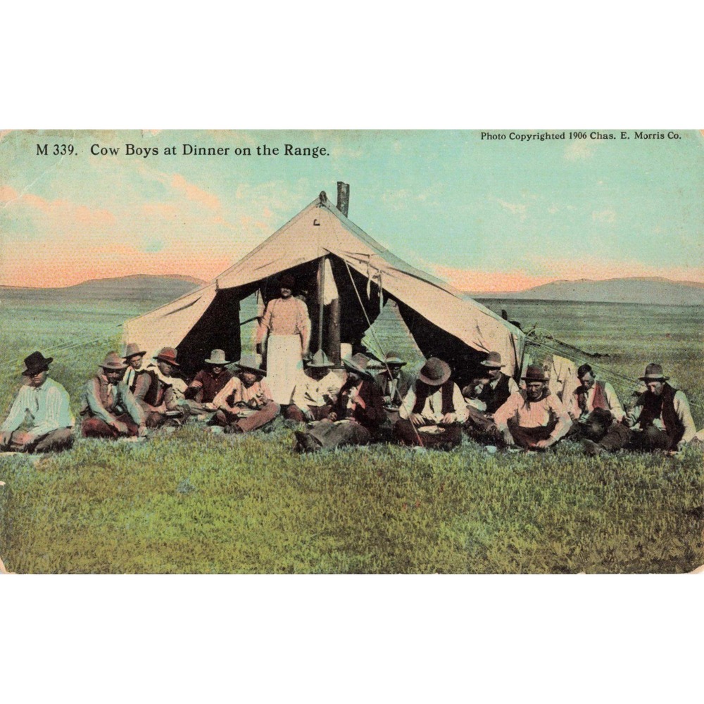 Vintage 1906 Cow Boys at Dinner on the Range Postcard Chas E Morris Montana VG - Picture 1 of 2